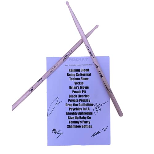 Image of Peach Pit Signed Setlist & Drum Sticks